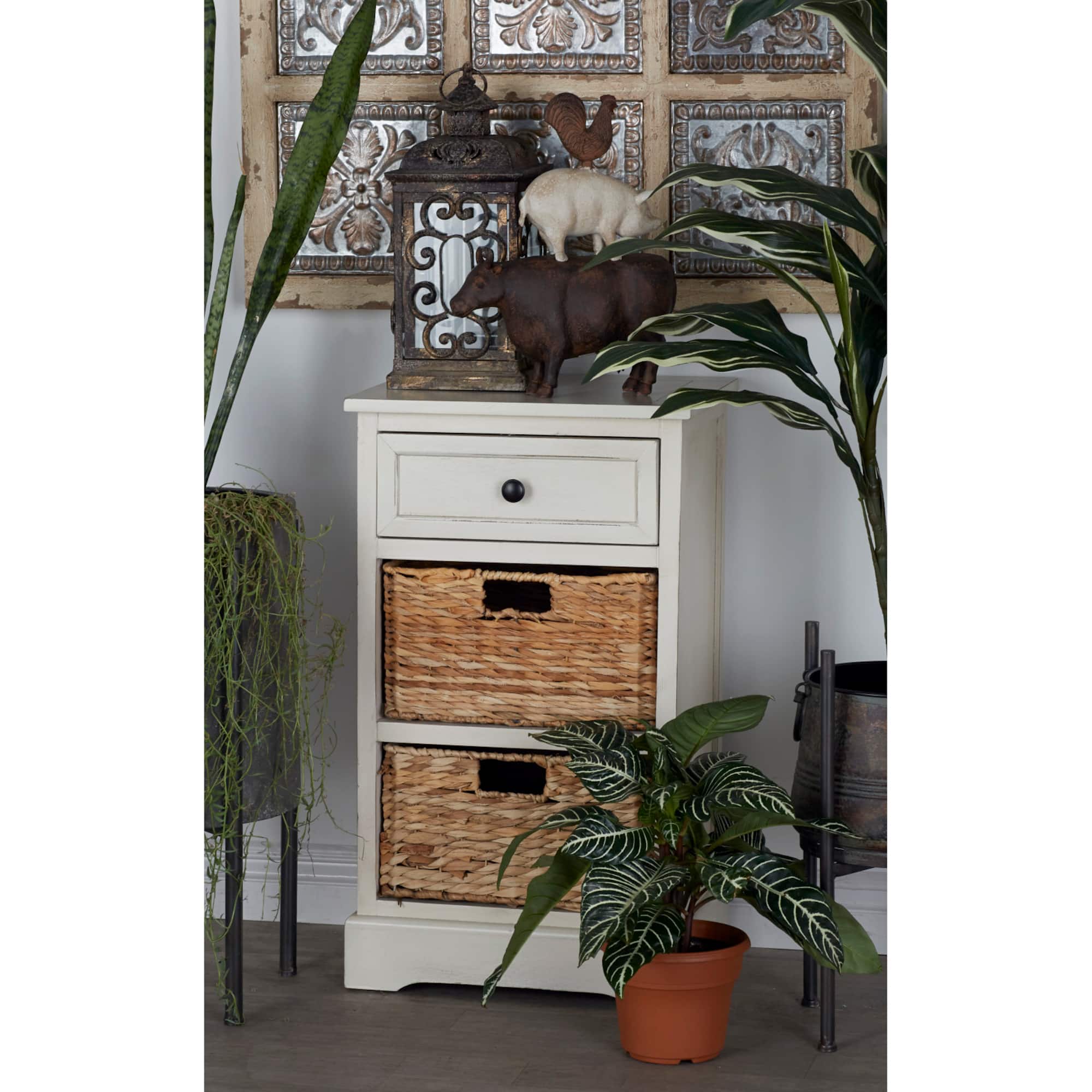 28" White Traditional Wooden Storage Unit with Baskets